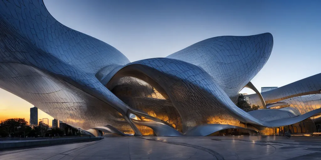 Image similar to extremely elegant smooth detailed stunning sophisticated beautiful elegant futuristic museum exterior by Zaha Hadid, Milan buildings in the background, smooth curvilinear design, stunning volumetric light, stainless steal, concrete, translucent material, beautiful sunset, tail lights