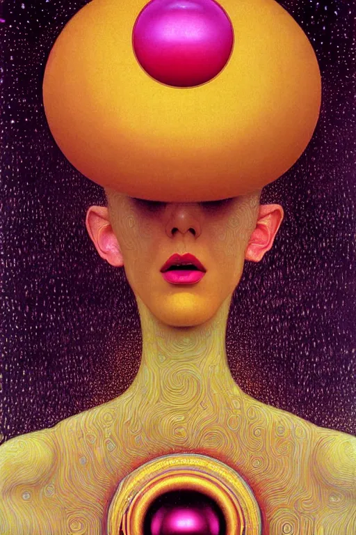 Prompt: 8 0 s art deco close up portait of mushroom head with big mouth surrounded by spheres, rain like a dream digital painting curvalinear clothing cinematic dramatic fluid lines otherworldly vaporwave interesting details epic composition by artgerm rutkowski moebius francis bacon gustav klimt