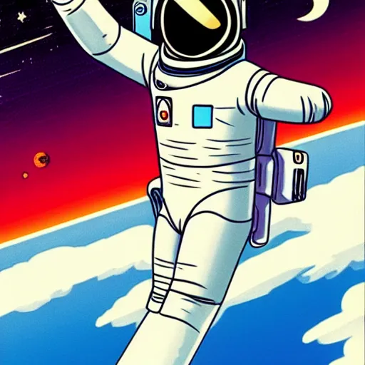 Image similar to An astronaut in space riding on a rocket, in the style of hiroshi nagai