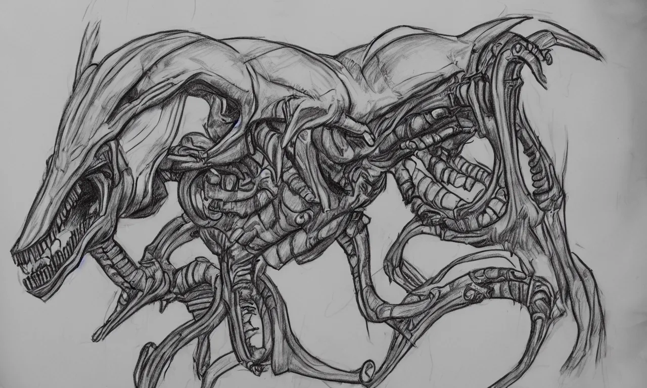 Image similar to a bad distorted rough sketch of one xenomorph drawn by a 4 year old kid