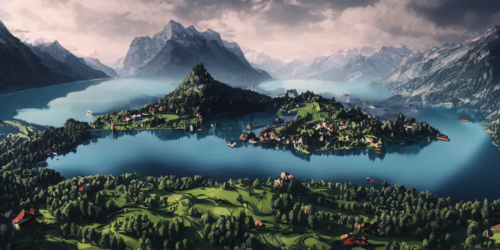 Prompt: beautiful switzerland landscape, environment, lake, film, dramatic, cinematic, highly detailed, mid day, large scale, hyperrealistic, realistic lighting, octane render, by wlop, artgerm, trending on artstation hd, 8 k, clear, sharp