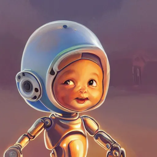 Image similar to clear portrait of robot baby, adorable appearance!!!, golden hour, happy apearance, cottagecore!!, background hyper detailed, character concept, full body, dynamic pose, intricate, elegant, highly detailed, digital painting, artstation, concept art, smooth, sharp focus, illustration, art by artgerm and greg rutkowski and alphonse mucha