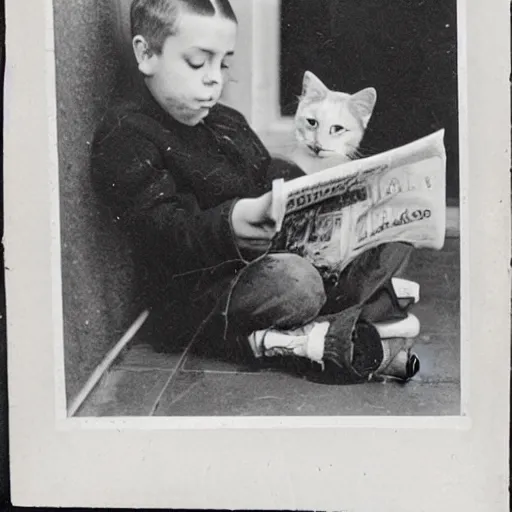 Image similar to photograph of a kid reading the newspaper to a cat, black and white, vintage photography