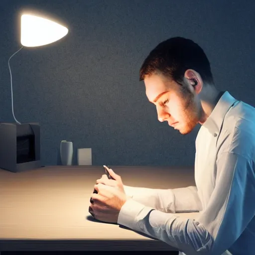 Image similar to a young man looking at an envelope, unhappy, desk lamp, modern room, side shot angle, stunningly detailed digital art, masterpiece