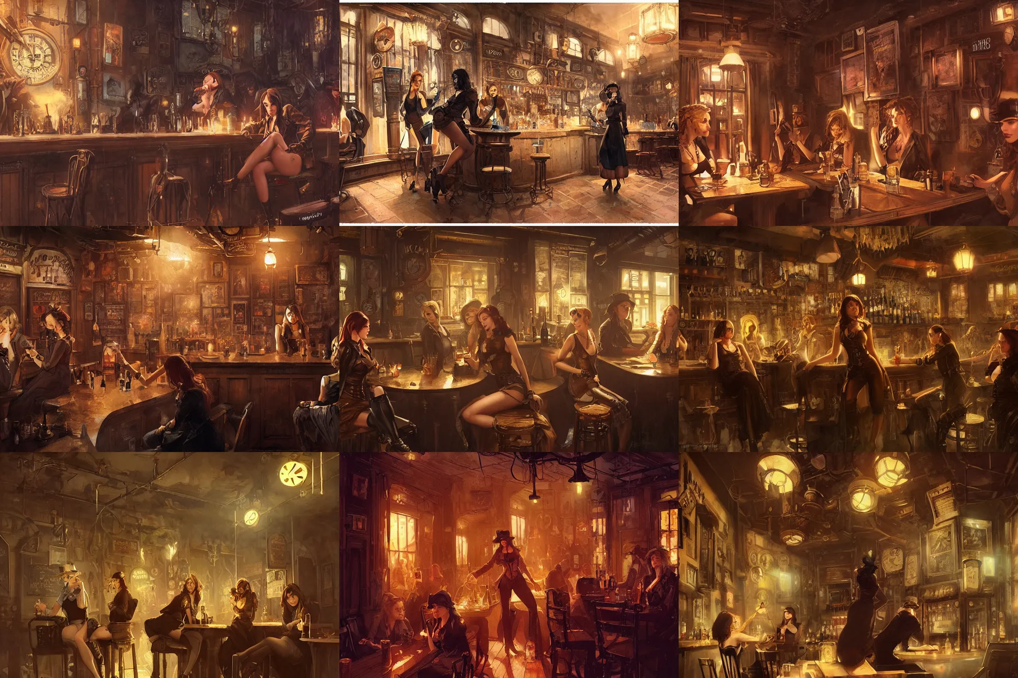 Prompt: women in the interior of a steampunk pub, Greg Rutkowski, Milo Manara, night time, smoking cigarettes, party hard, highly detailed, Quentin Tarantino movie posters, pulp fiction, level design, concept art, artstation, cgsociety, zenith view