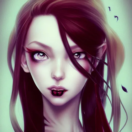 Image similar to facial portrait of a young pretty anime woman, long red hair, dark eyes, gothic eyeliner, character concept art, headshot, Charlie Bowater, Anna Dittmann, WLOP, Rumiko Takahashi, Akihiko Yoshida, Hyung-tae Kim, alexander mcqueen, trending on Artstation