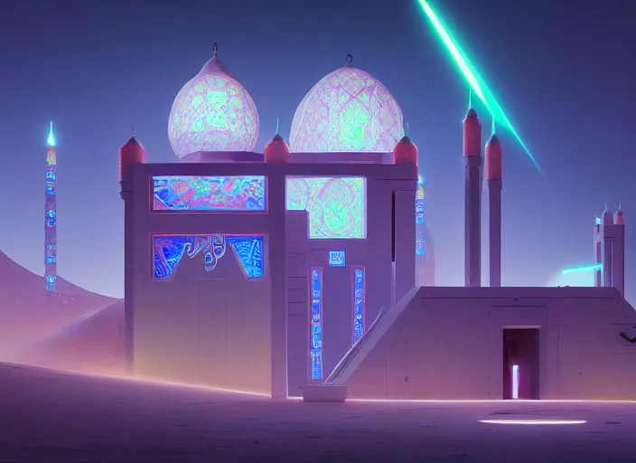 Prompt: a luminescent cyberpunk mosque in arabia by paolo eleuteri serpieri and tomer hanuka and chesley bonestell and daniel merriam and tomokazu matsuyama, unreal engine, high resolution render, featured on artstation, octane, 8 k, highly intricate details, vivid colors, vector illustration