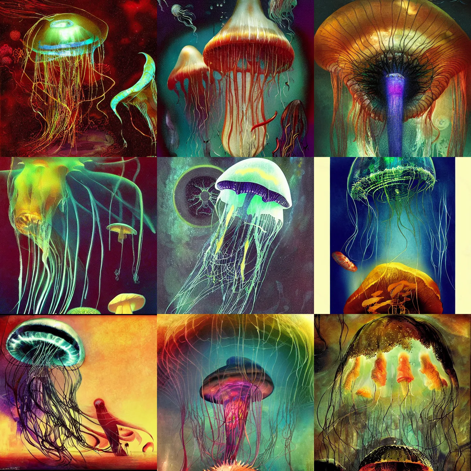Prompt: a deep underwater, jellyfish, psychedelic mushrooms dream, by dave mckean, artstation