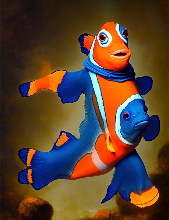 Prompt: an anthropomorphic bipedal clownfish that is dressed in blue robes, as a matte oil painting, d & d character art, by rembrandt, medieval fantasy, standing, arms and legs, bright, bubbles, magic, aura, extremely detailed, sharp focus