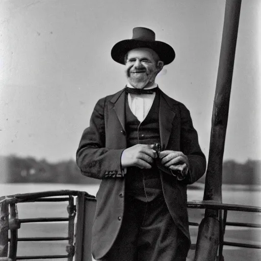 Prompt: Riverboat Captain smoking a cigar and smiling happily. The Mississippi is beautiful in the evening. Matthew Brady photo, 1875, vintage, Americana, award winning, Pulitzer Prize.