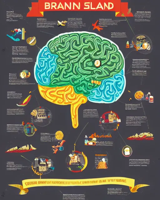 Prompt: brain map, infographic in the style of isometric Wes Anderson