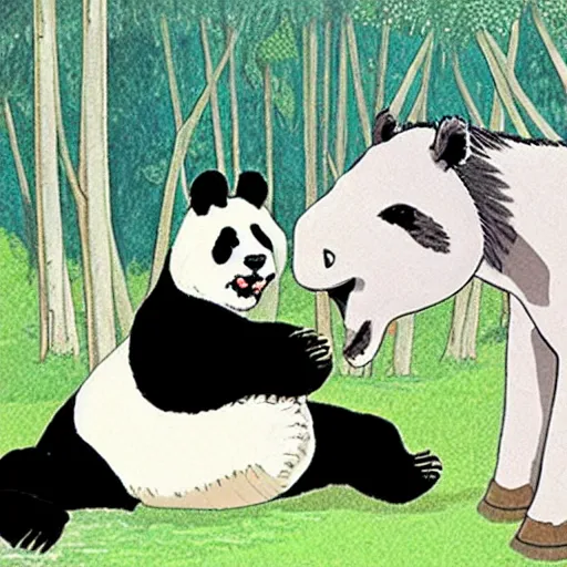 Image similar to a horse talking with a giant panda, studio ghibli style