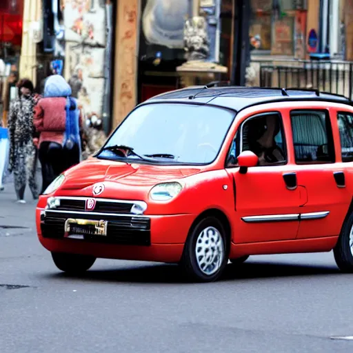 Prompt: a photo of an ugly fiat multipla on a very narrorw busy street