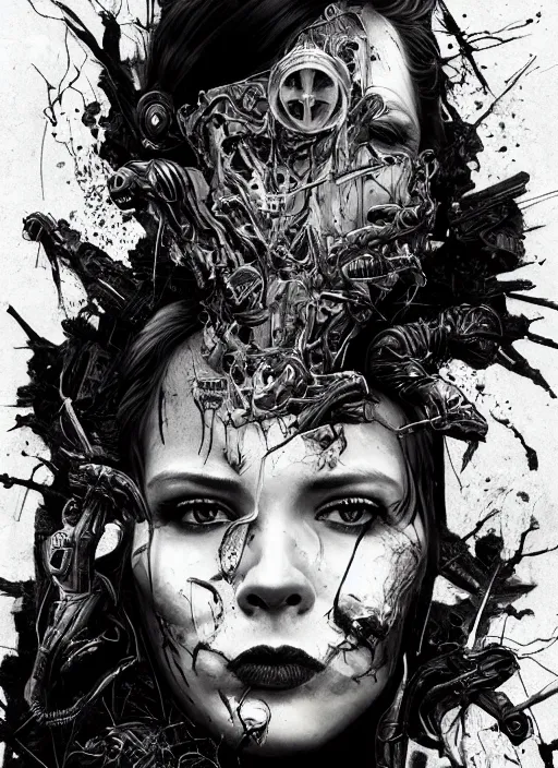 Prompt: a dream film poster of a dystopic world full of aberration, black & white, melting, webbing, 8 k, by tristan eaton, stanley artgerm, tom bagshaw, greg rutkowski, carne griffiths, ayami kojima, beksinski, giger, trending on deviantart, face enhance, hyper detailed, minimalist, horror, alien