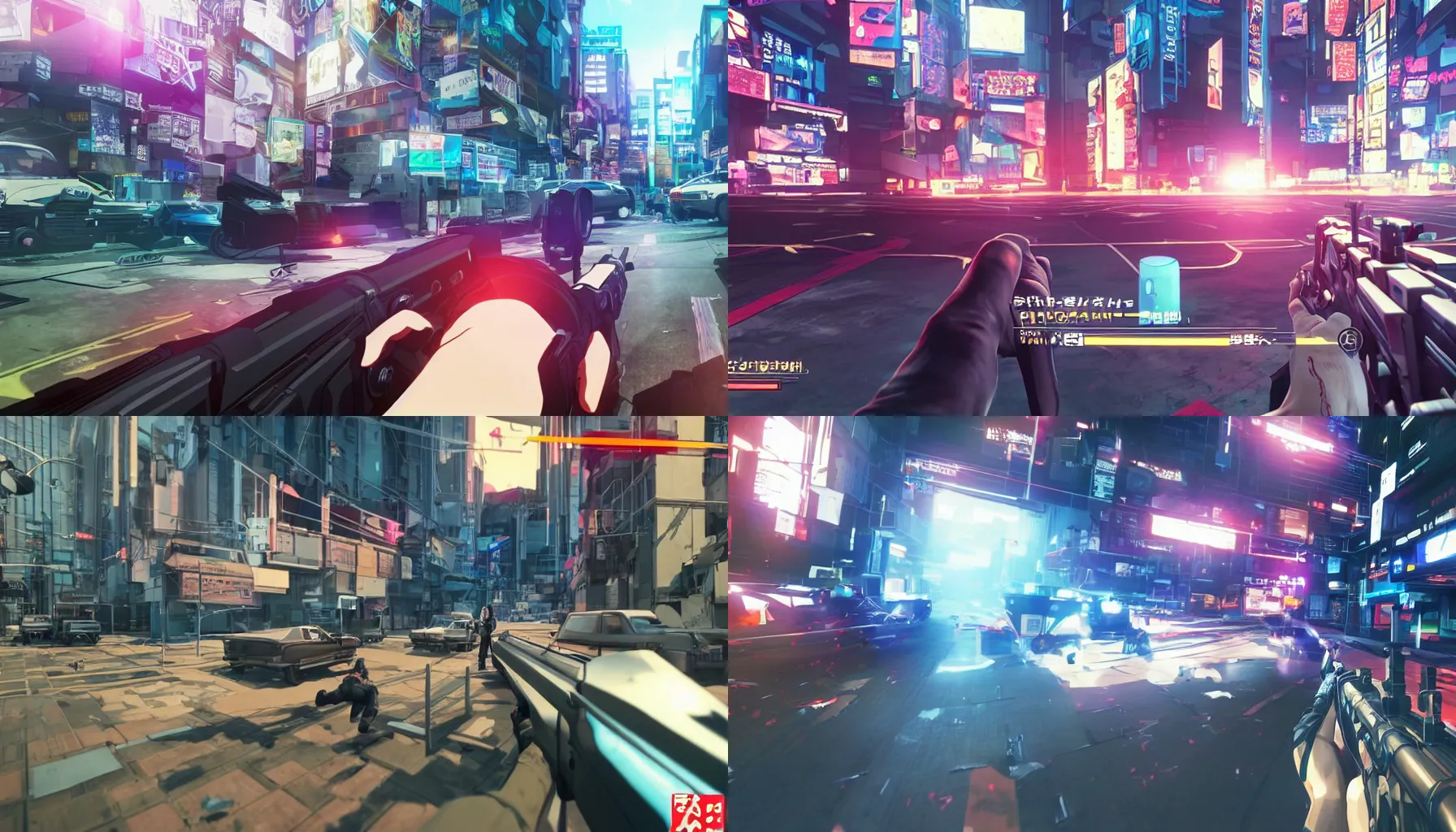 Prompt: a action packed screenshot of a multiplayer first person perspective bank robbery simulator game, Set in 1980, anime style graphics inspired by Ghost in the shell, Unreal engine 5, Highly Detailed, Vibrant, created by Arc System Works + Hideo Kojima + Capcom