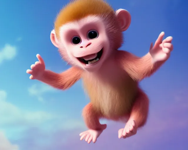 Image similar to 3D Pixar movie animation render of the cutest little pink fluffy monkey capuchin with angel wings with a big lovely grin smile sweet adorable cherub, octane render, pastel colors, soft clouds and soft gradient background