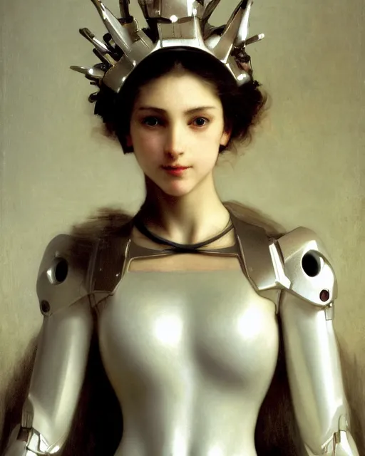 Image similar to 3 / 4 portrait photo by bouguereau of female dancer as a cyberpunk mecha humanoid robotic parts with bright led lights, wearing cyberpunk crown, inside white room, ultra - realistic and detailed, 8 k