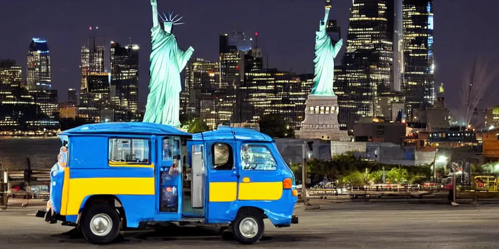 Image similar to a blue tuk tuk with the statue of liberty in the background, night