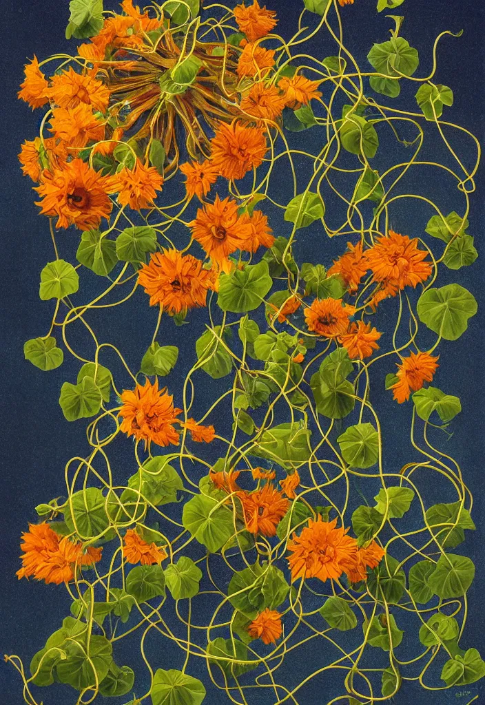 Prompt: award winning surrealist artwork about entangled sunflowers and falling nasturtiums with vines