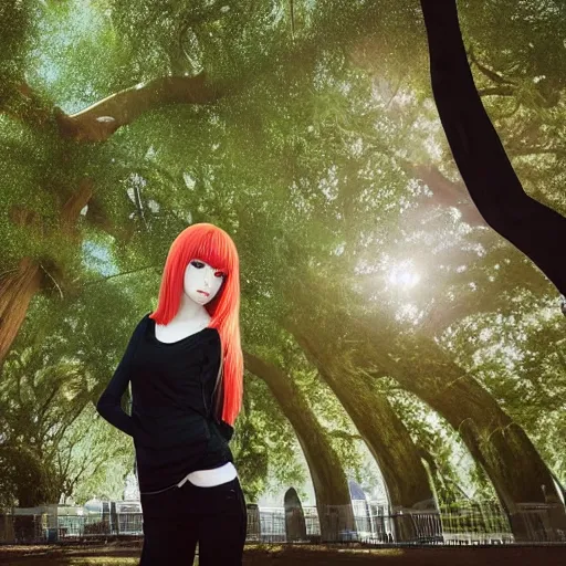 Image similar to 1 7 - year - old pale - skinned persian girl with black long bob cut, long bangs, black gothic jacket, black jeans, psychic girl, standing under treehouse in city plaza, urban plaza, treehouse hotel, large tree, ultra - realistic, sharp details, subsurface scattering, blue sunshine, intricate details, hd anime, 2 0 1 9 anime