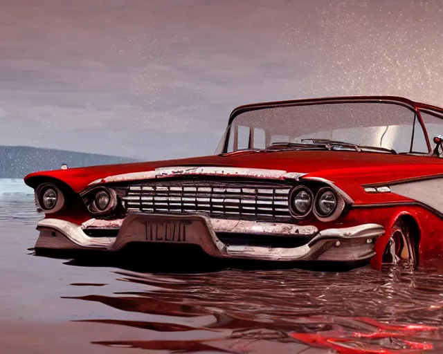 Image similar to red 1 9 5 8 plymouth fury submerged under water, cinematic, photoreal, by red dead redemption 2