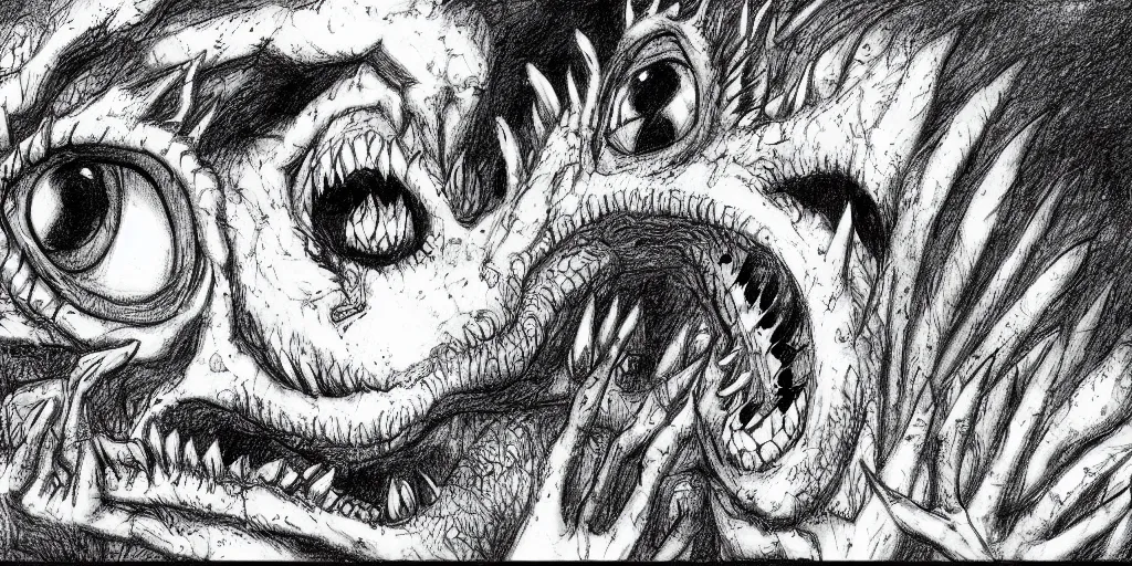 Image similar to A single dragon looking at the screen, horror, creepy, dark, manga, pencil, inspired by junji ito, superior quality, masterpiece