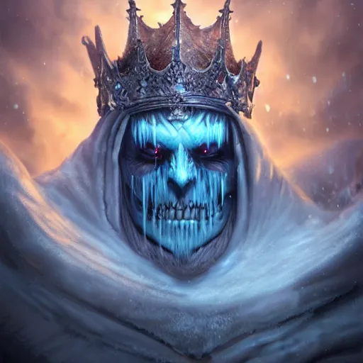 Image similar to a matte painting of the lich king wearing a crown made of ice, frozen, world of warcraft, digital art, fantasy, realistic lighting, in the style of greg rutkowski