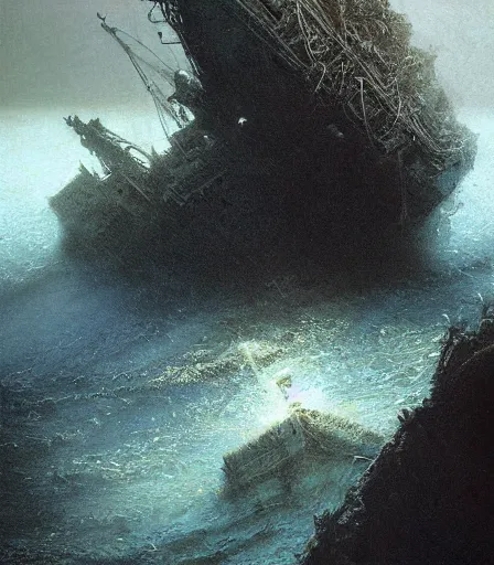 Prompt: ! deep sea landscape, sunken ship wreck, gustave dore, craig mullins