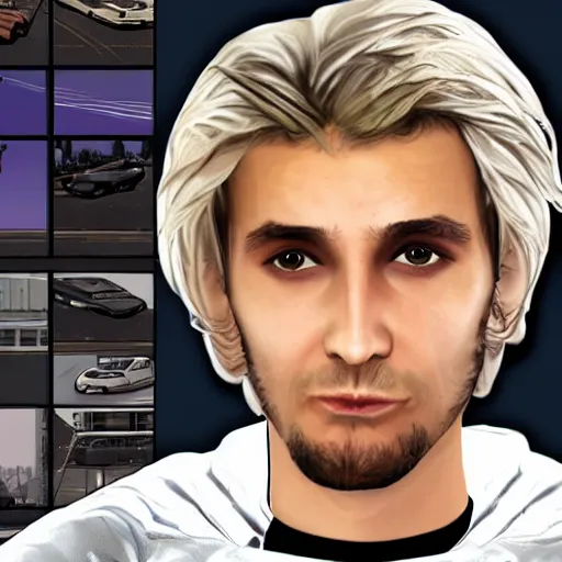 Image similar to closeup of handsome gigachad XQC as a GTA character in a loading screen