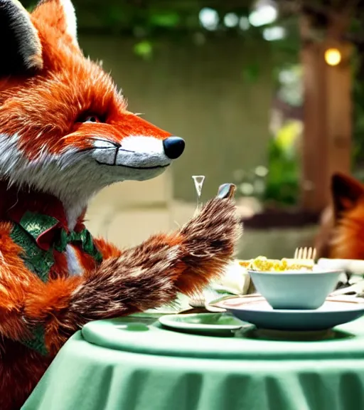 Prompt: film still from the movie chappie outdoor park plants garden scene bokeh depth of field sitting down at a table having a delicious grand victorian tea party crumpets close up masterpiece portrait of a furry anthro anthropomorphic stylized fox wearing suit