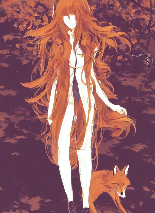 Image similar to illustration by shigenori soejima, by tatsuki fujimoto, by yoji shinakawa, tired girl with fox ears, long wavy orange hair, light brown trenchcoat, forest background, focus on face, pretty, moody lighting, painterly