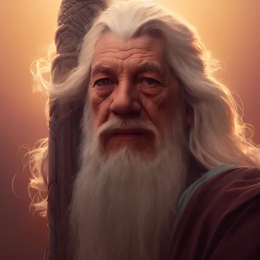 Image similar to a portrait of gandalf cinematic lighting, photorealistic, octane render, 8 k, depth of field, 3 d, art by artgerm and greg rutkowski and alphonse mucha and uang guangjian and gil elvgren and sachin ten