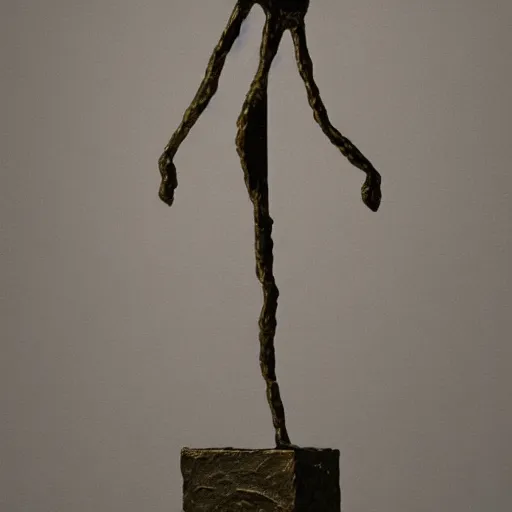 Image similar to high resolution photograph of a bronze cast stick figure sculpture in a roundabout in the style of giacometti