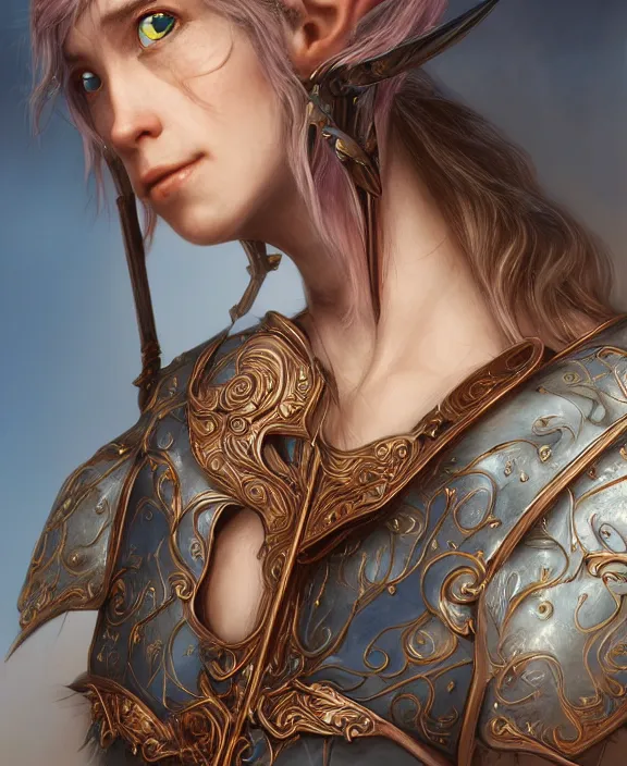 Image similar to a beautiful and highly detailed digital portrait of a dignified elf with long blue windswept hair in a rose gold breastplate by artgerm, nina tryggvadottir, and lu ji, centered, artsation contest winner, cgsociety, fantasy art, cryengine, concept art, photorealism, daz 3 d, sketchfab, zbrush, vray