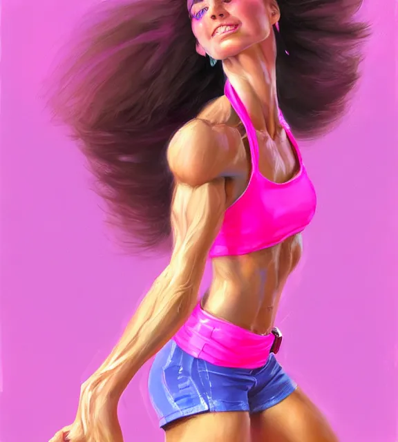 Prompt: female jazzercise instructor, perfect face, 1 9 8 0 s hairsprayed hair, hot pink halter top, flowing hair, abs, cinematic, blush, stunning, athletic, strong, agile, highly detailed, psychedelic, digital painting, artstation, smooth, hard focus, illustration, art by jessica rossier and and brian froud