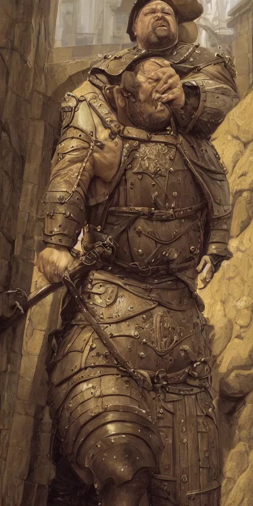 Image similar to fat old drunk medieval guard, detailed, centered, digital painting, artstation, concept art, donato giancola, Joseph Christian Leyendecker, WLOP, Boris Vallejo, Breathtaking, 8k resolution, extremely detailed, beautiful, establishing shot, artistic, hyperrealistic, beautiful face, octane render, cinematic lighting, dramatic lighting, masterpiece