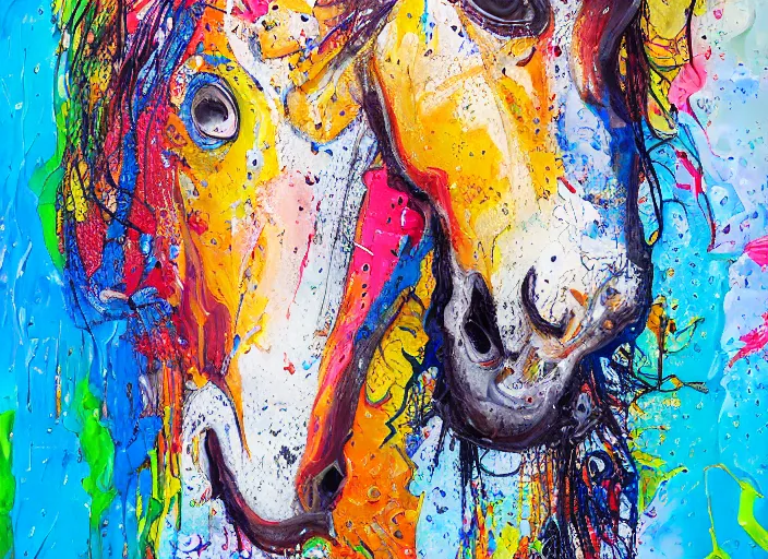 Image similar to abstract expressionist mid shot portrait of a horse made of very thick impasto paint and acrylic pour and coloured powder explosion and splashing paint and dripping paint and flying paint chunks, eyes closed or not visible, expressing strong emotions, motion blur, hyperrealistic, intricate art photography, anatomically correct, realistic crisp textures, 1 6 k