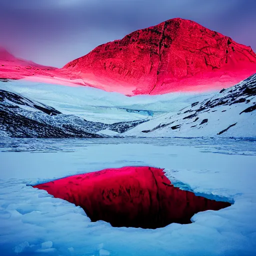 Prompt: an award - winning advertisement aereal photo of a red lake, with a snowy mountain and ice, iceberg, drammatic lighting, sigma 5 0 mm, ƒ / 8, behance