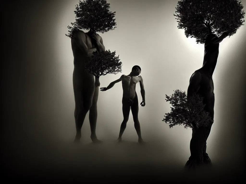 Prompt: award - winning photo of a man transforming into a tree, chiaroscuro, awe, terror, beauty