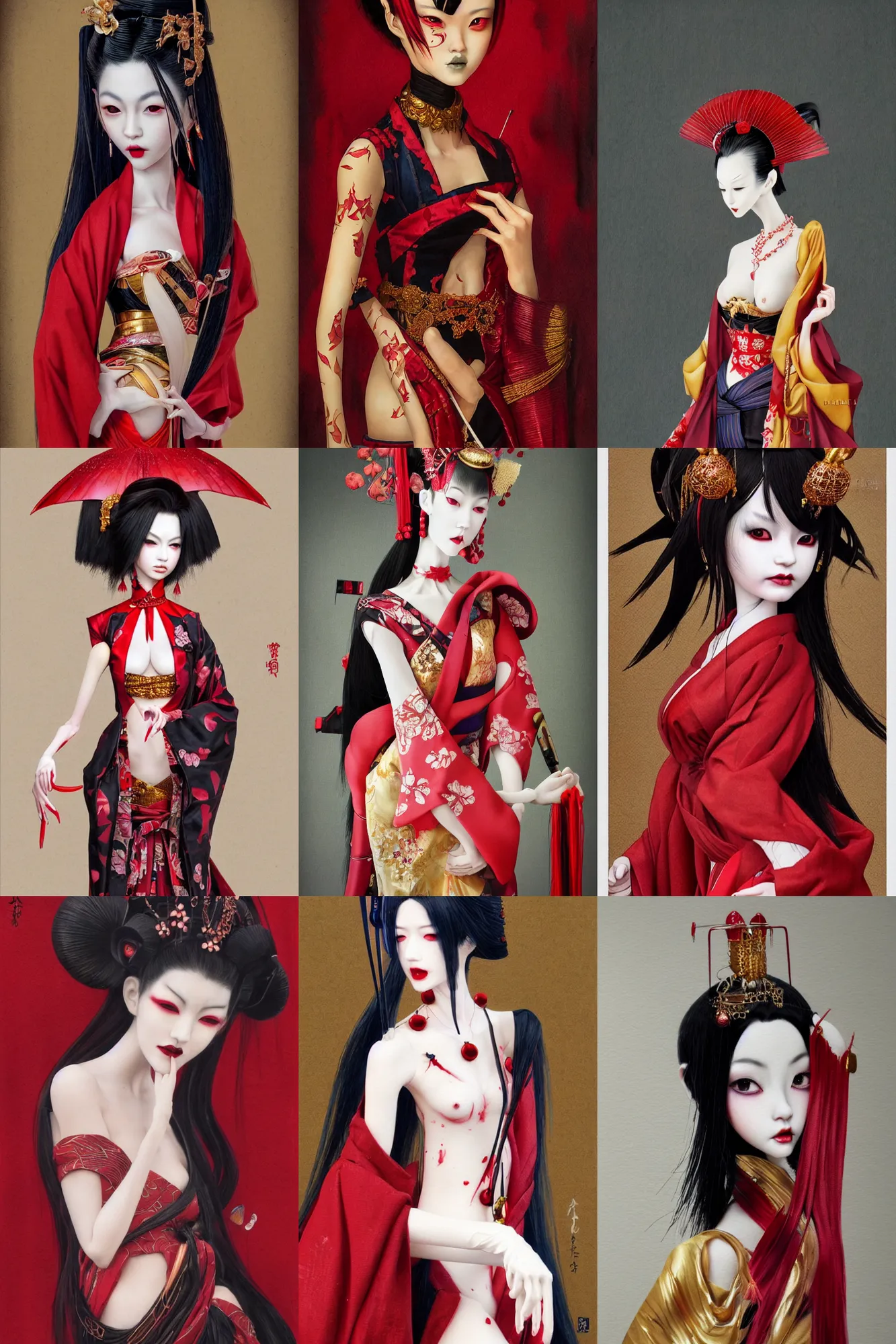 Prompt: watercolor painting of a japanese bjd geisha vampire with a long neck by hajime sorayama, irakli nadar, amy sol, dark - fantasy background, red, gold, black, surrealism, artgerm