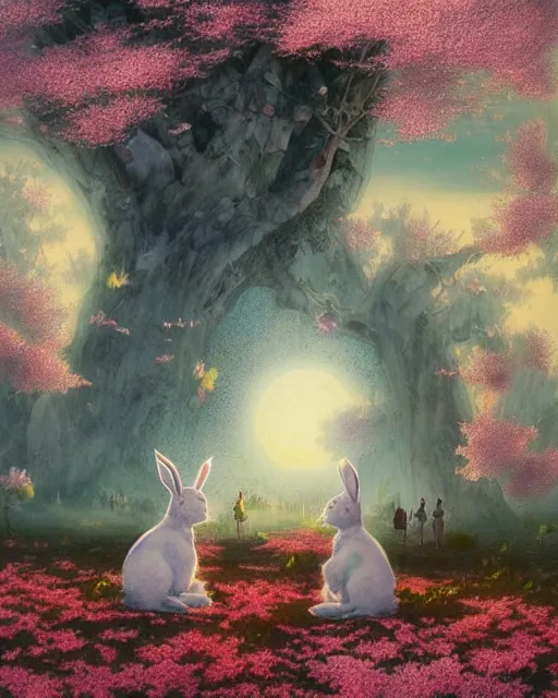 Image similar to ink on paper portrait of two white bunnies in colorfull kimonos in the foreground of a surreal environment with cherry blossoms by greg rutkowski and michael whelan
