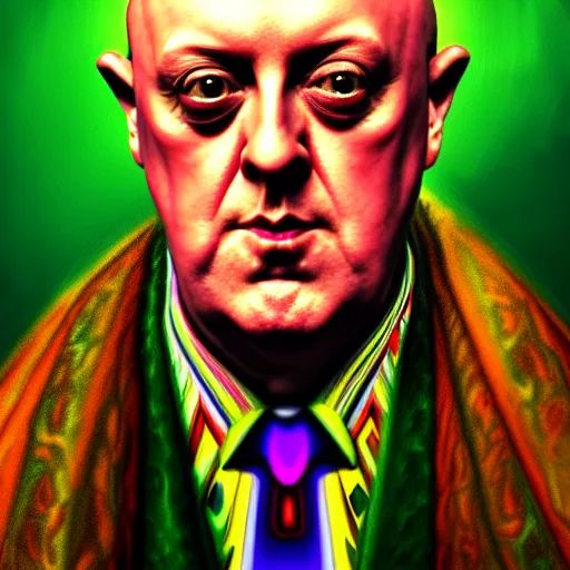 Prompt: An extremely psychedelic portrait of Aleister Crowley, surreal, LSD, face, detailed, intricate, elegant, lithe, highly detailed, digital painting, artstation, concept art, smooth, sharp focus, illustration