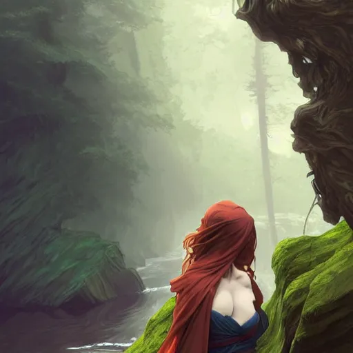 Image similar to wide angle, cloaked woman, sleeping on rock in river, white green brown blue color palette, eyes closed, forest, female, d & d, fantasy, intricate, elegant, highly detailed, long red hair, digital painting, artstation, octane render, concept art, matte, sharp focus, illustration, hearthstone, art by artgerm, alphonse mucha johannes voss