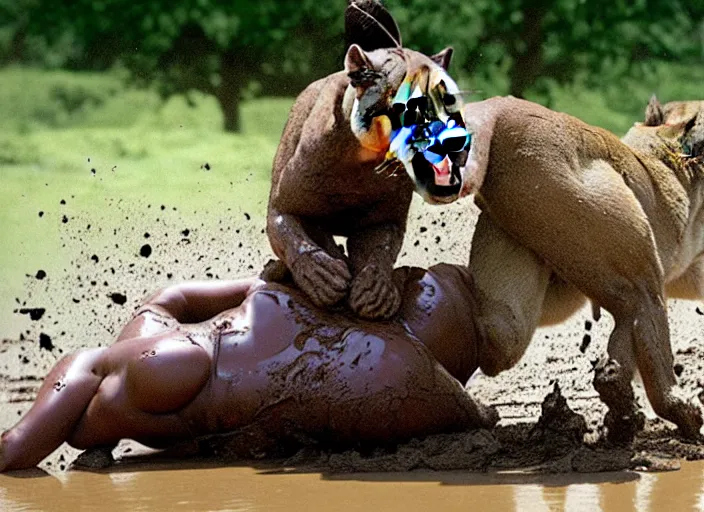 Prompt: she - hulk mud wrestling a mountain lion, movie still, from the movie clan of the cave bear, 8 k, realistic