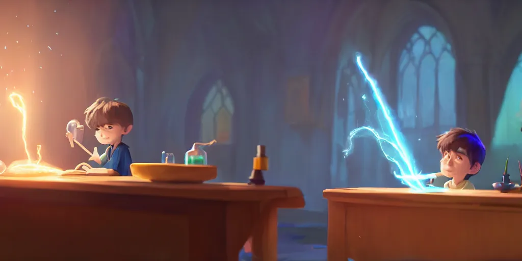 Image similar to a young boy mage with a cloak is standing at his desk working on a experiment, bubbling potions, colorful, light rays, medium shot, waist up, pixar and disney animation, sharp, rendered in unreal engine 5, by greg rutkowski and makoto shinkai, bloom, dramatic lighting, cinematic