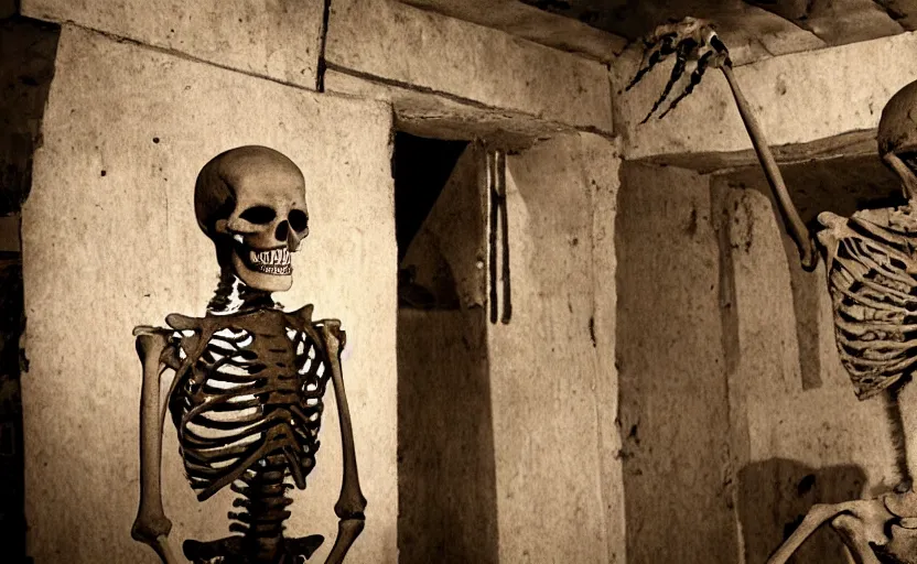 Prompt: a skeleton in a basement