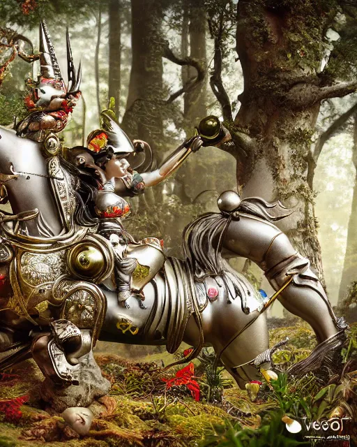 Image similar to highly detailed closeup of a tin toy unicorn in a fairytale forest, depth of field, fashion photoshoot by hyung tae, frank frazetta, bosch, giger, breathtaking, detailed and intricate environment, 8 k resolution, hyperrealistic, octane render