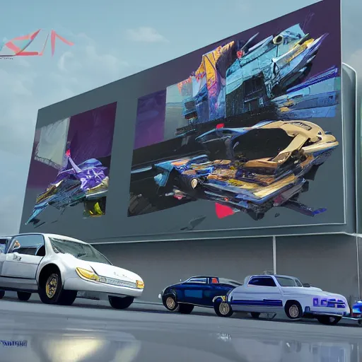 Image similar to sci-fi cars 50% of canvas in center and wall near structure on the coronation of napoleon painting and digital billboard in the middle and everything in style of zaha hadid and suprematism forms unreal engine 5 keyshot octane artstation trending ultra high detail ultra photo realistic 8k 16k in plastic dark tilt shift