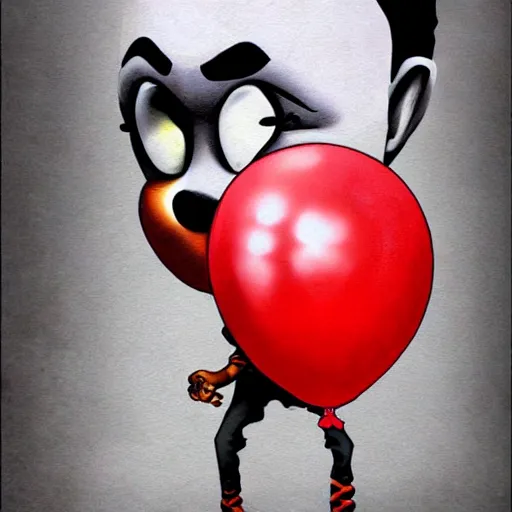 Image similar to grunge cartoon painting of kanye with a wide smile and a red balloon by chris leib, loony toons style, pennywise style, corpse bride style, horror theme, detailed, elegant, intricate