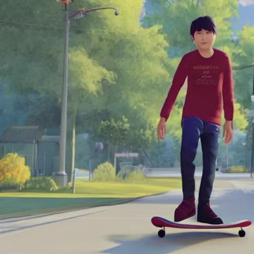 Image similar to Alex Chen from Life is Strange True Colors riding a skateboard